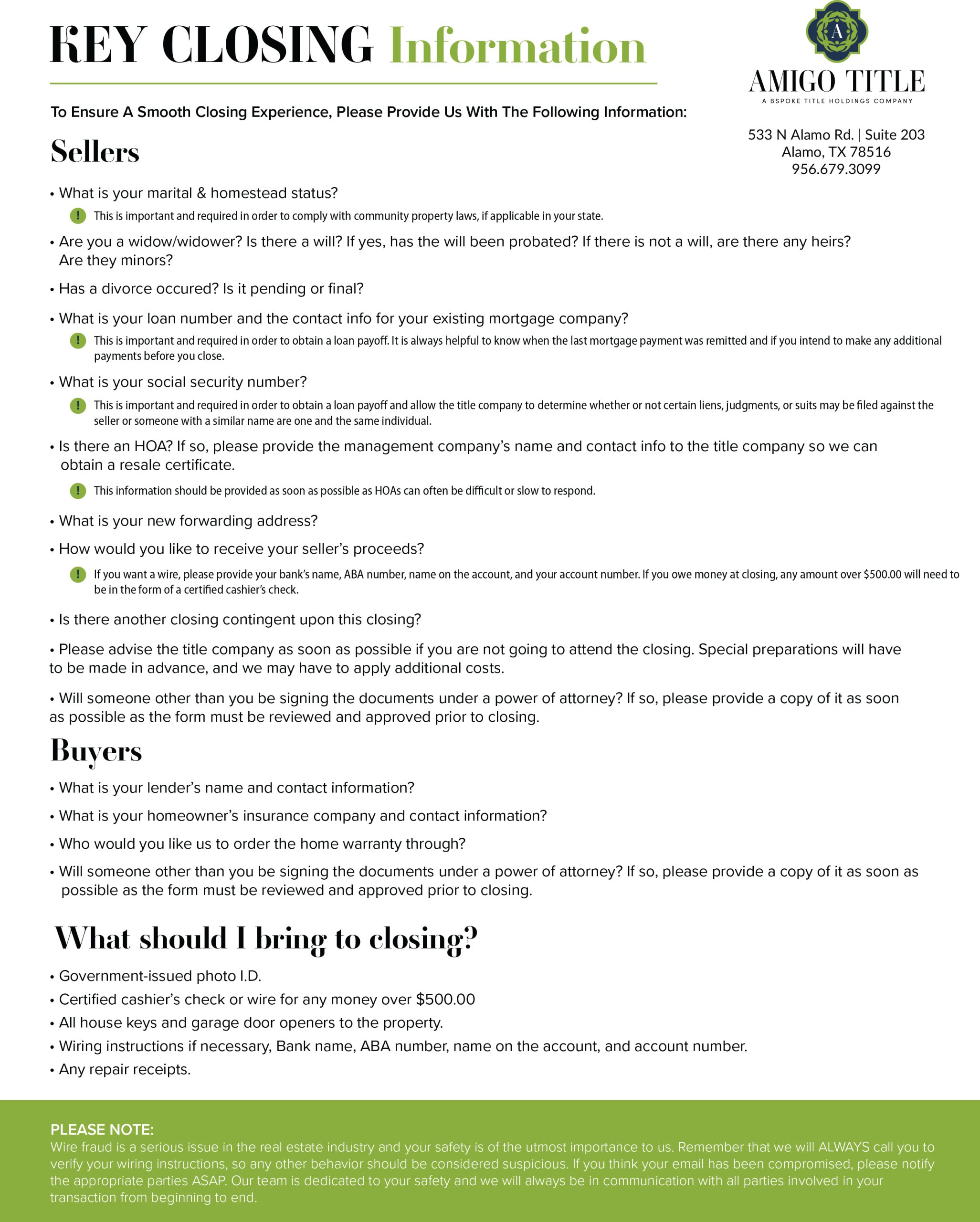 Key Closing Info